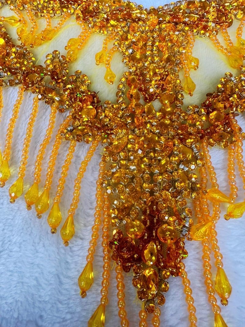 MOPISVN Handmade Crystal on lace Applique Sewing Rhinestones Fringe Beads Sequins Patches Trim Luxury Decoration Accessories for Wedding Dress 17X12.5inches (Gold) - Image 3